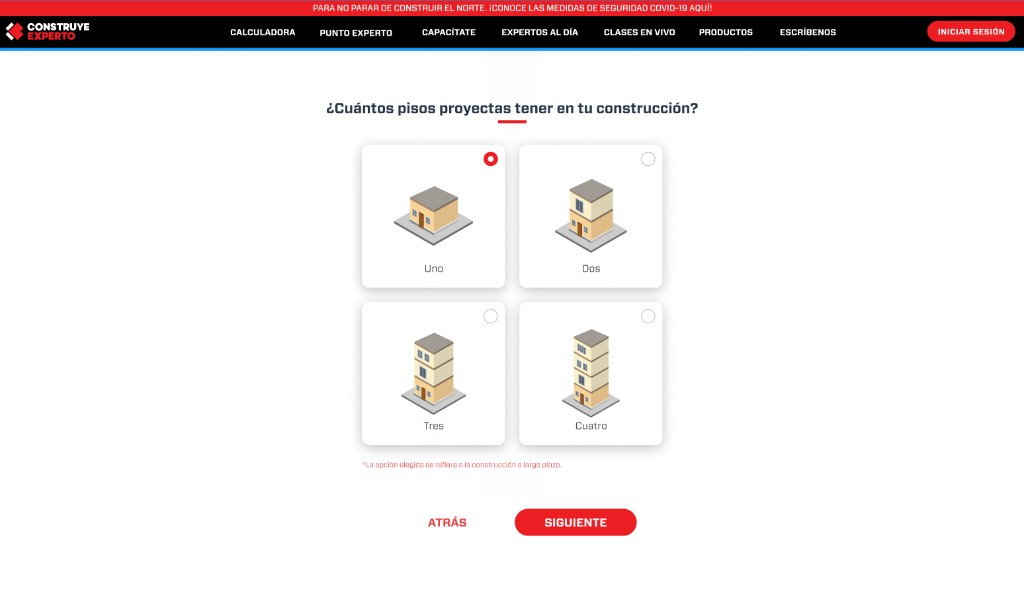 Calculadora de materiales en desktop con la pregunta de cuántos pisos tendrá la construcción, de uno a cuatro