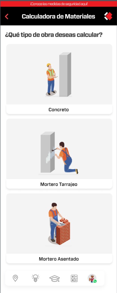 Calculadora de materiales en celular con opciones de concreto, mortero tarrajeo y mortero asentado