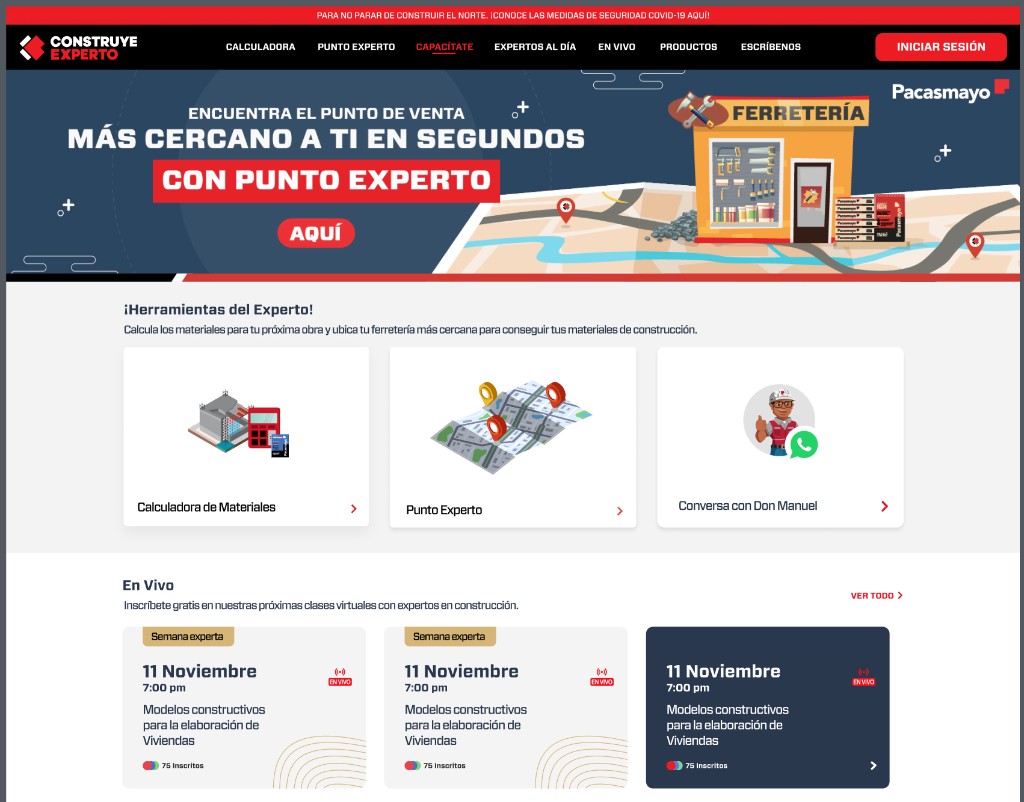 Portada de construyexperto.pe con el banner de Punto Experto, las herramientas del experto y las clases en vivo