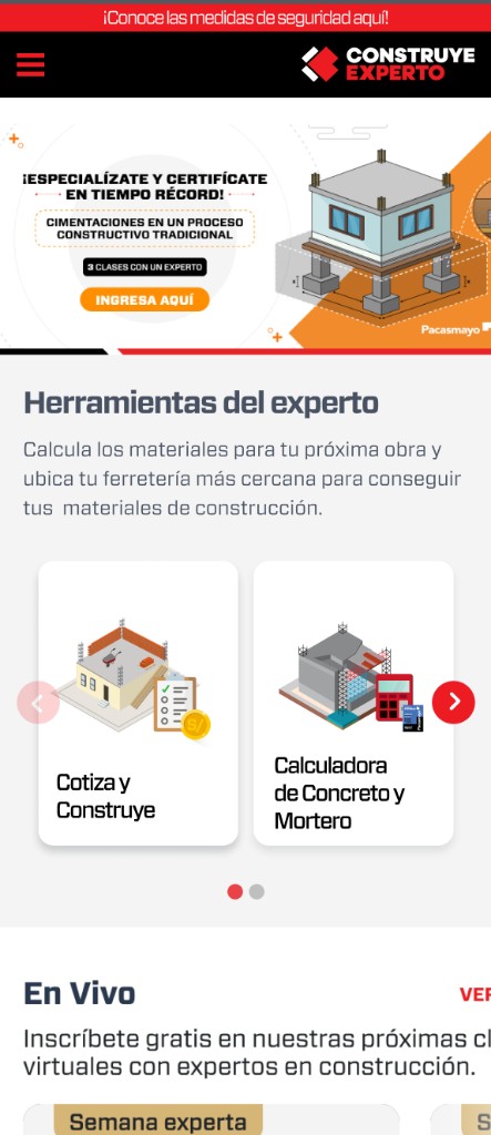 Portada en celular con el carrusel de herramientas del experto: Cotiza y Construye y la calculadora de concreto y mortero