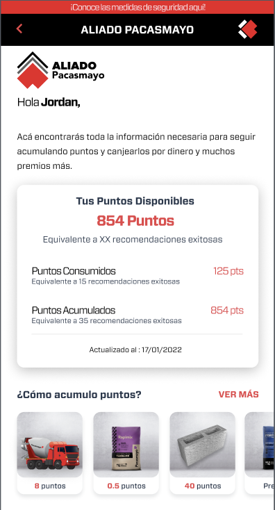 Programa Aliado Pacasmayo en celular con los puntos disponibles, consumidos y acumulados, y cómo acumular puntos