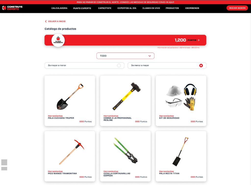 Catálogo de productos del programa Aliado Pacasmayo con el saldo de puntos y herramientas