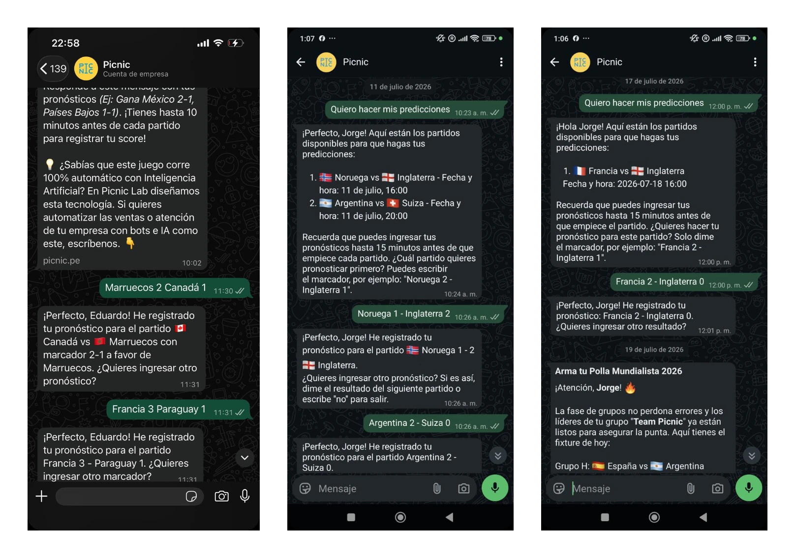 Chats de WhatsApp con el asistente de IA de la Polla Mundialista registrando pronósticos